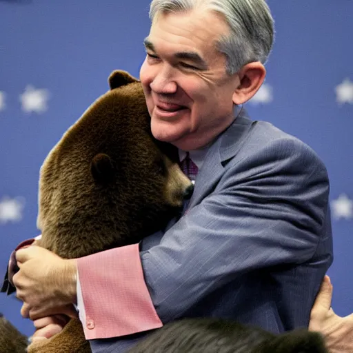 Image similar to Jerome Powell hugging a bear