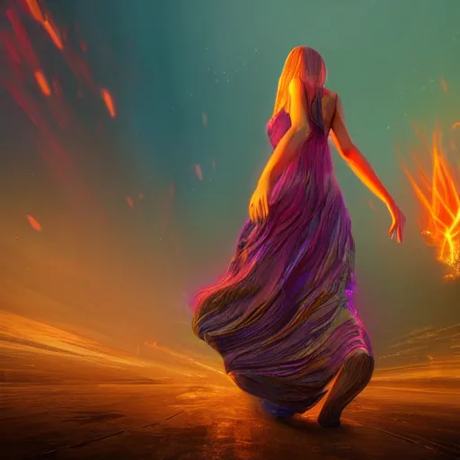 Image similar to Photorealistic magic goddess walking away from an explosion. Hyperdetailed photorealism, 108 megapixels, amazing depth, glowing rich colors, powerful imagery, psychedelic Overtones, 3D finalrender, 3d shading, cinematic lighting, artstation concept art