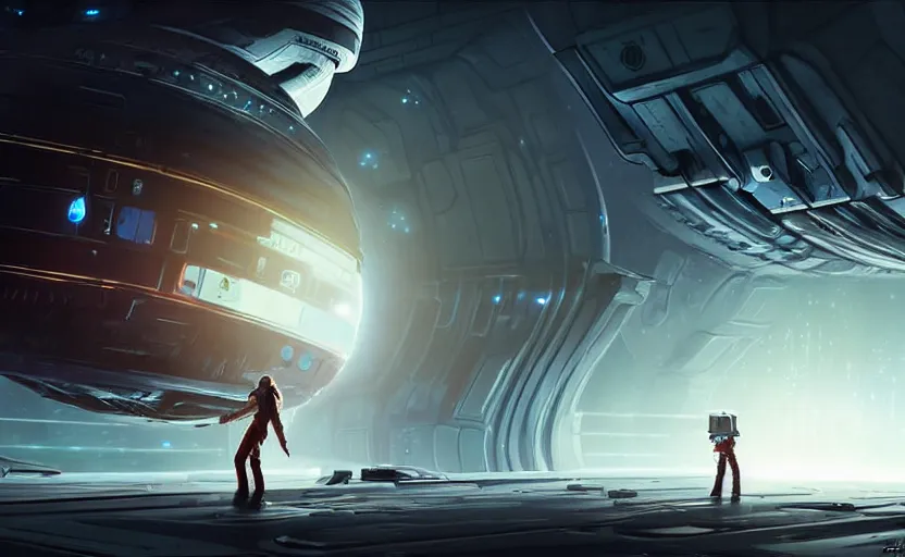 Prompt: a female spacship captain repairing her ship in a spaceport, space opera and dystopian style, d & d, fantasy concept art, global illumination, interesting composition, volumetric lighting, art by enki bilial, highly detailed