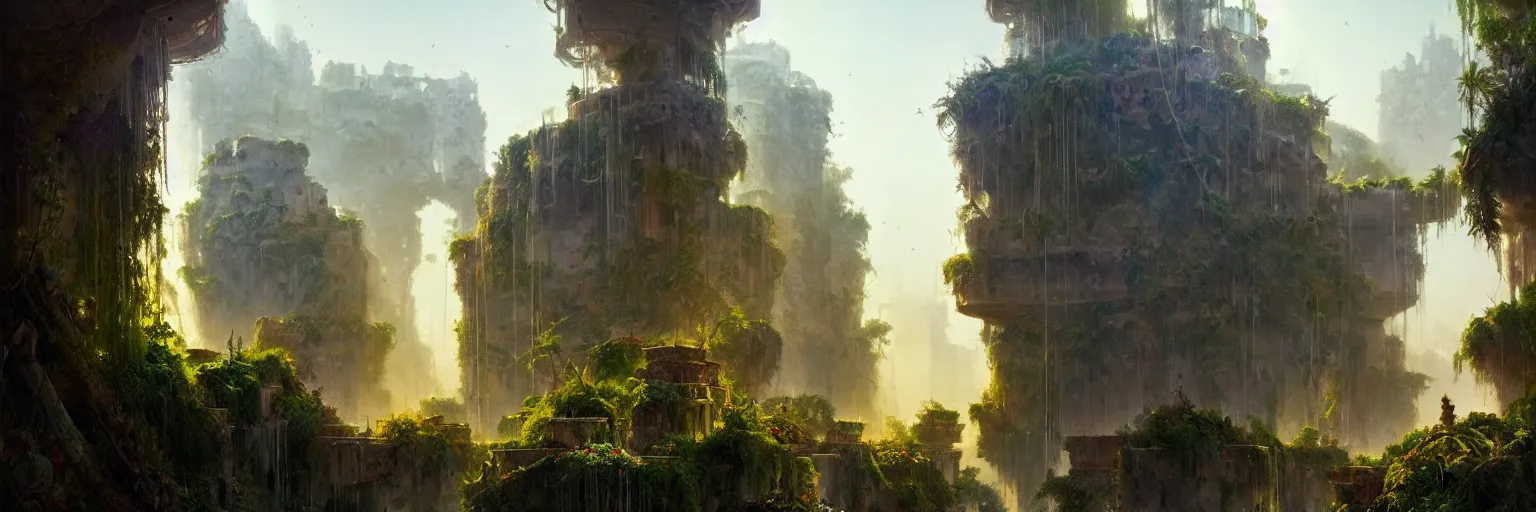 Image similar to a cinematic scene from the hanging gardens of babylon, concept art by james gurney and greg rutkowski, dramatic lighting, ultra hd, hdr, 8 k