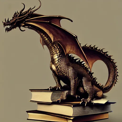 Image similar to bronze dragon sitting on a hoard of books, fantasy, dnd, art by greg rutkowski