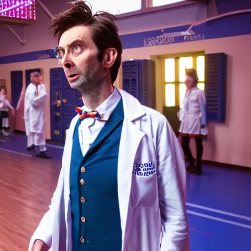 Prompt: promotional image of David Tennant as Doctor Who at a polka dancing contest at the YMCA basketball gym, everyone in the background all his enemies are clapping, in the background the Tardis door is wide open, movie still, promotional image, imax 70 mm footage, HDR, cinematic