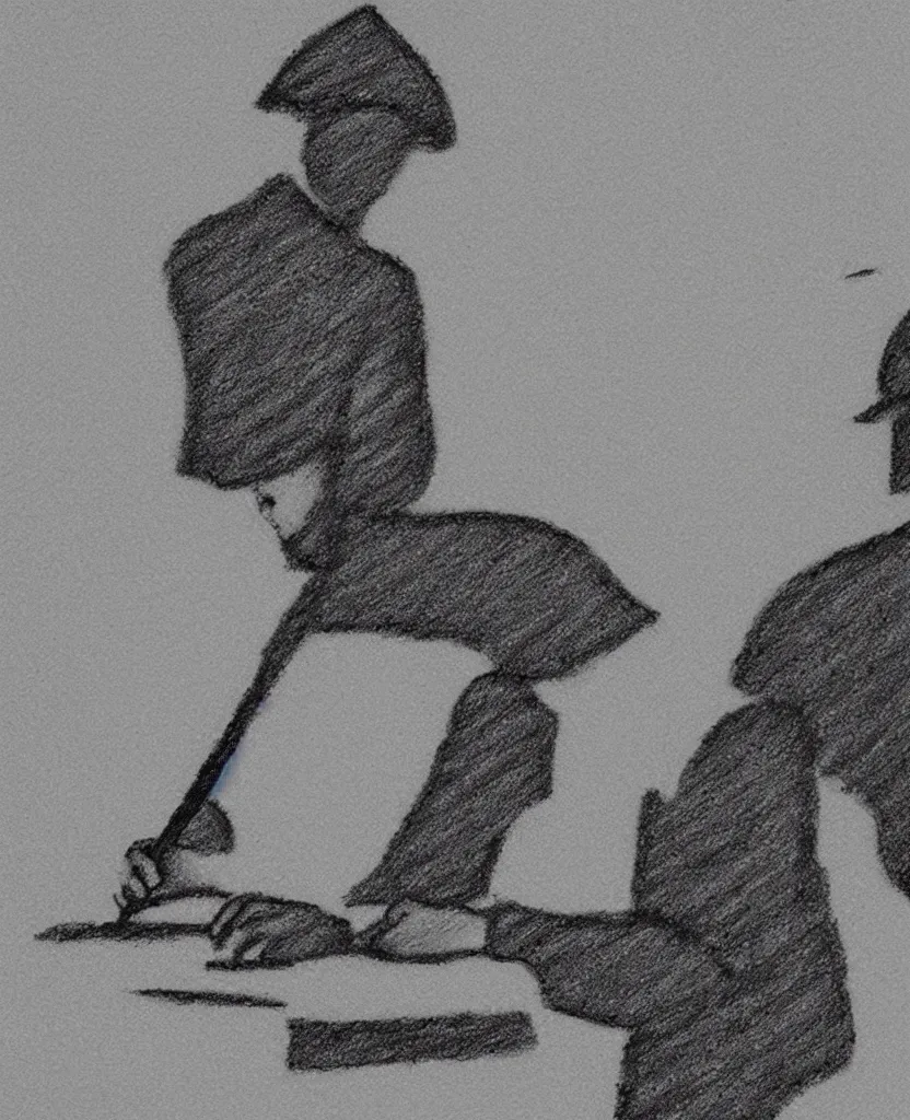 Image similar to cog video still frames of a drawing of a soldier writing a letter to home, in wwii, stop motion, minimal, black and white