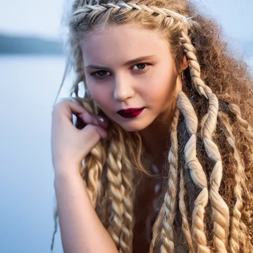 Prompt: real life photo of a beautiful girl, full body photoshoot, long braided curly blonde hair, twisted braids, golden watery eyes, full round face, short smile, white dress, icy lake next to village setting, cinematic lightning, medium shot, mid-shot, highly detailed, trending on artstation, Unreal Engine 4k, 80mm, 85mm, cinematic wallpaper