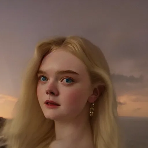 Prompt: Elle Fanning in Santorini at night, head and shoulders portrait, stormy weather, extremely detailed masterpiece, Roger Deakin’s cinematography, oil on canvas, Edward Hopper,