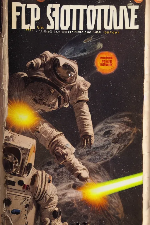 Image similar to photo of poor condition, torn, stained, vintage pulp scifi science fiction magazine cover on a table top, showing men wearing space suits shooting laser beams at a monster on an alien planet, only c 7 5, 4 k, high definition