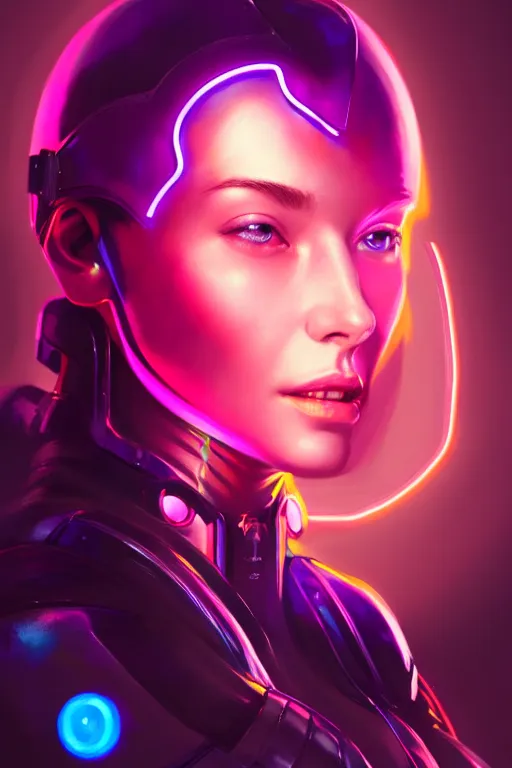 Image similar to portrait of a girl with a biomechanic armor and neon light by Artgerm and Vermeer, dramatic lighting, digital painting, highly detailed, trending on artstation