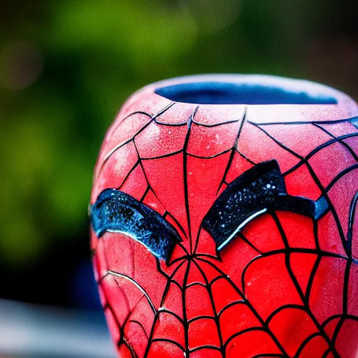 Image similar to a closeup photorealistic capture of glossy spider man style tiki mug at an outdoor trader vic's bar featuring the face of spider man. tiki theme. bright scene. fine detail. this 4 k hd image is trending on artstation, featured on behance, well - rendered, extra crisp, features intricate detail, epic composition and the style of unreal engine.