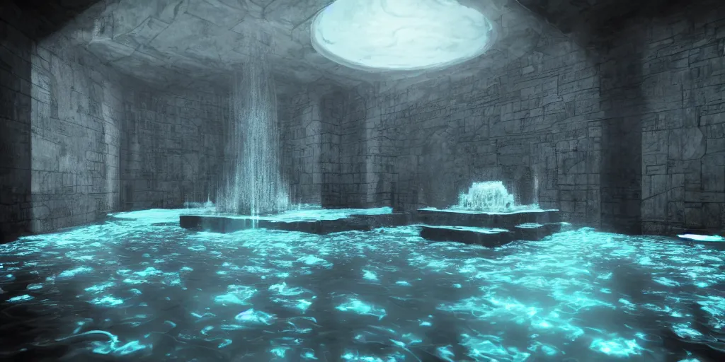 Image similar to floating water temple inside a void, kelly freas, unreal engine, high contrast