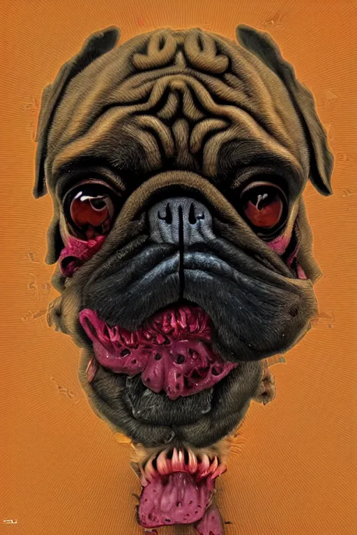 Prompt: demon pug eating flesh. art by mike winkelmann, sticker, illustration, highly detailed,