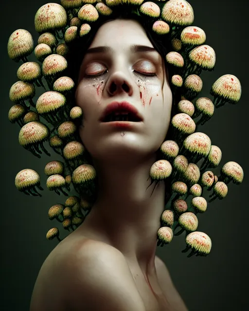 Image similar to a disturbing horror photograph of a beautiful crying woman with flowers and fungus growing out of her head m, intricate, hyperrealism, sharp focus, cinematography, highly detailed, octane render, digital horror artwork, matte, photography by professional photographer