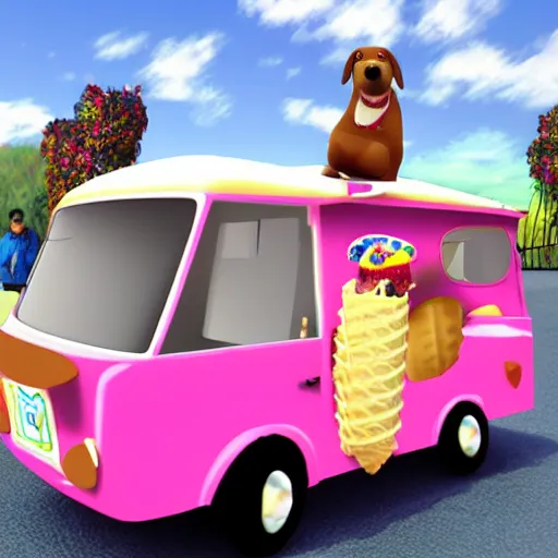 Prompt: cartoon dog driving an ice cream van