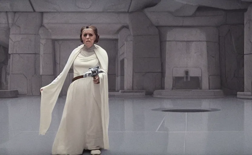 Image similar to portrait of Princess Leia alone at Jedi Temple scene from the last jedi, 2022, film by Stanley Kubrick, 4k serene, iconic , photoreal Carrie fischer, detailed stunning cinematography, hyper detailed, sharp, anamorphic lenses, kodak color film