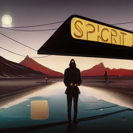 Prompt: desert spaceport junction, chillwave, electronic billboards, tech noir, wet reflections, atmospheric, ambient, livia prima, greg rutkowski, edward hopper, pj crook