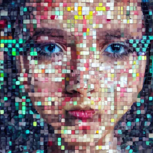 Image similar to portrait mosaic of a beautiful cute girl with robot ears and eyes, 4k, intricate details