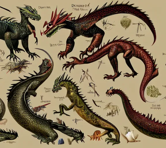 Prompt: an illustrated field guide to dragons showing examples of males and females of each spicies, biological illustrations, art by robert stebbins and terryl whitlatch and david sibley and john james audubon and charles darwin, highly detailed, intricately detailed, 8 k, trending on artstation