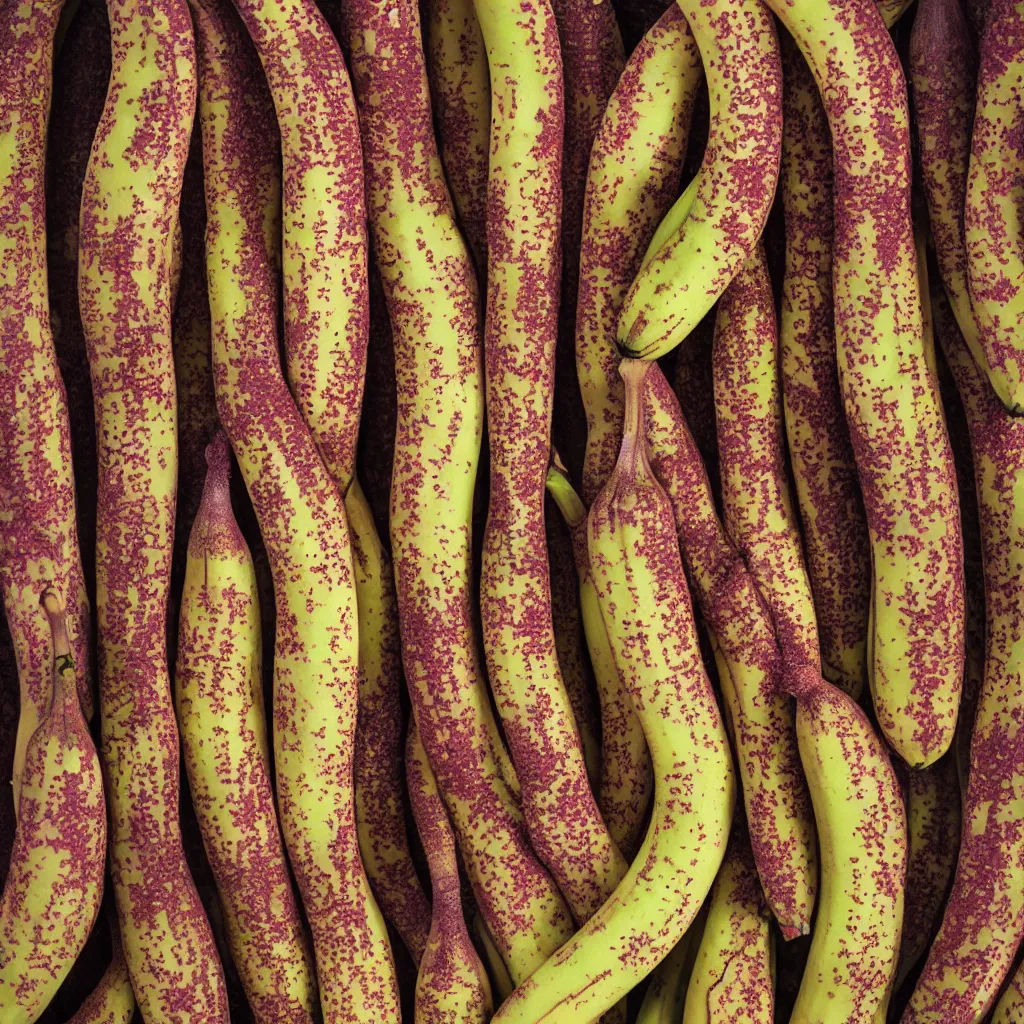 Prompt: very ripe thin bananas placed like a fractal coral, cracked, fine foliage, inside art nouveau with petal shape, and stems, mesh roots. closeup, hyper real, food photography, high quality