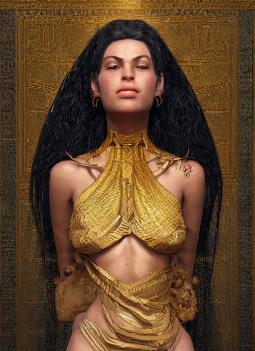 Prompt: the personification of the country egypt, au naturel, hyper detailed, digital art, trending in artstation, cinematic lighting, studio quality, smooth render, fluorescent skin, unreal engine 5 rendered, octane rendered, art style by klimt and nixeu and ian sprigger and wlop and krenz cushart