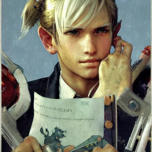 Prompt: A Frontal portrait of a final fantasy 14 character. A painting by Norman Rockwell.