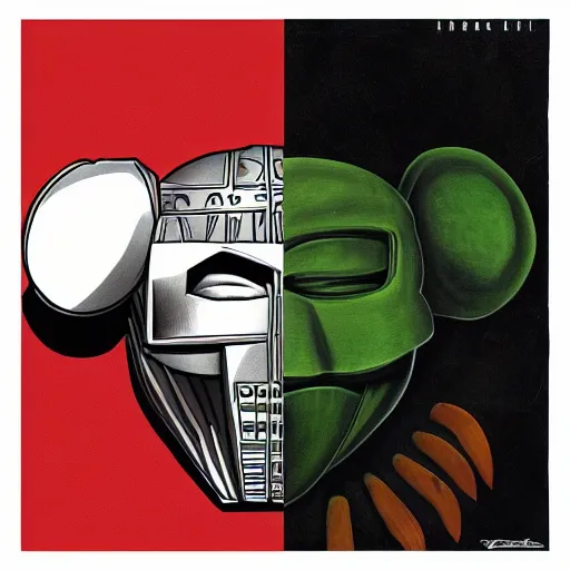 Prompt: MF DOOM, the mouse and the mask, album cover art