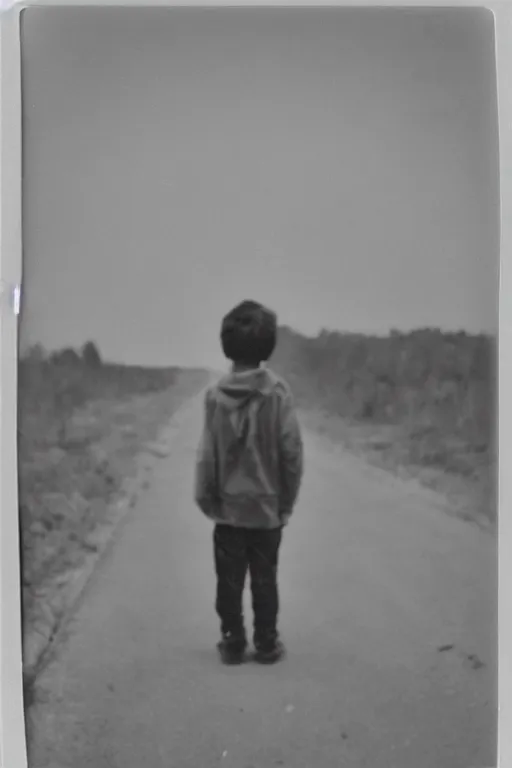 Image similar to photo polaroid of a sad and lonely child stands in the middle of a road, by the roadside many tents of field hospitals, pandemic, covid,loneliness, black and white ,photorealistic, 35mm film,