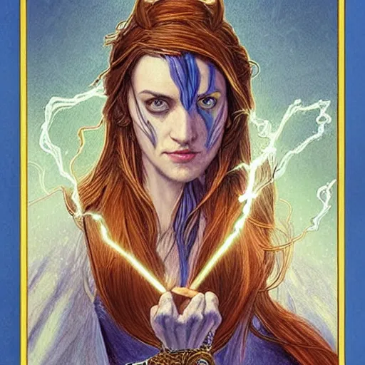 Image similar to a detailed tarot card of a human warlock casting a spell, female, auburn hair with blonde highlights, crackling blue lightning, fantasy, d & d, intricate, elegant, highly detailed, digital painting, artstation, concept art, matte, sharp focus, illustration, in the style of magic the gathering, art by artgerm and greg rutkowski and alphonse mucha