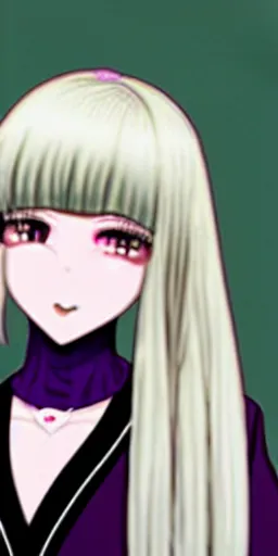 Prompt: a professional portrait of Kyoko Kirigiri, a young adult Japanese woman with long purplish-white hair with bangs, a small braid on the side, purple eyes, a mysterious expression, black gloves, a suit jacket