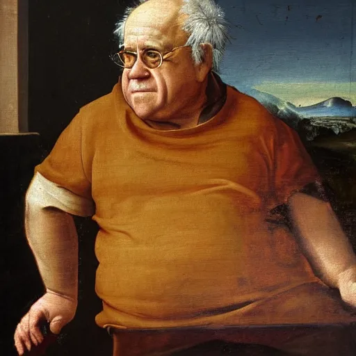 Image similar to renaissance painting of danny devito sitting on a stool, historical, artwork, oil painting, fresco painting, tempera painting