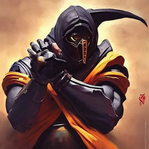 Image similar to greg manchess portrait painting of scorpion from mortal kombat as overwatch character, medium shot, asymmetrical, profile picture, organic painting, sunny day, matte painting, bold shapes, hard edges, street art, trending on artstation, by huang guangjian and gil elvgren and sachin teng