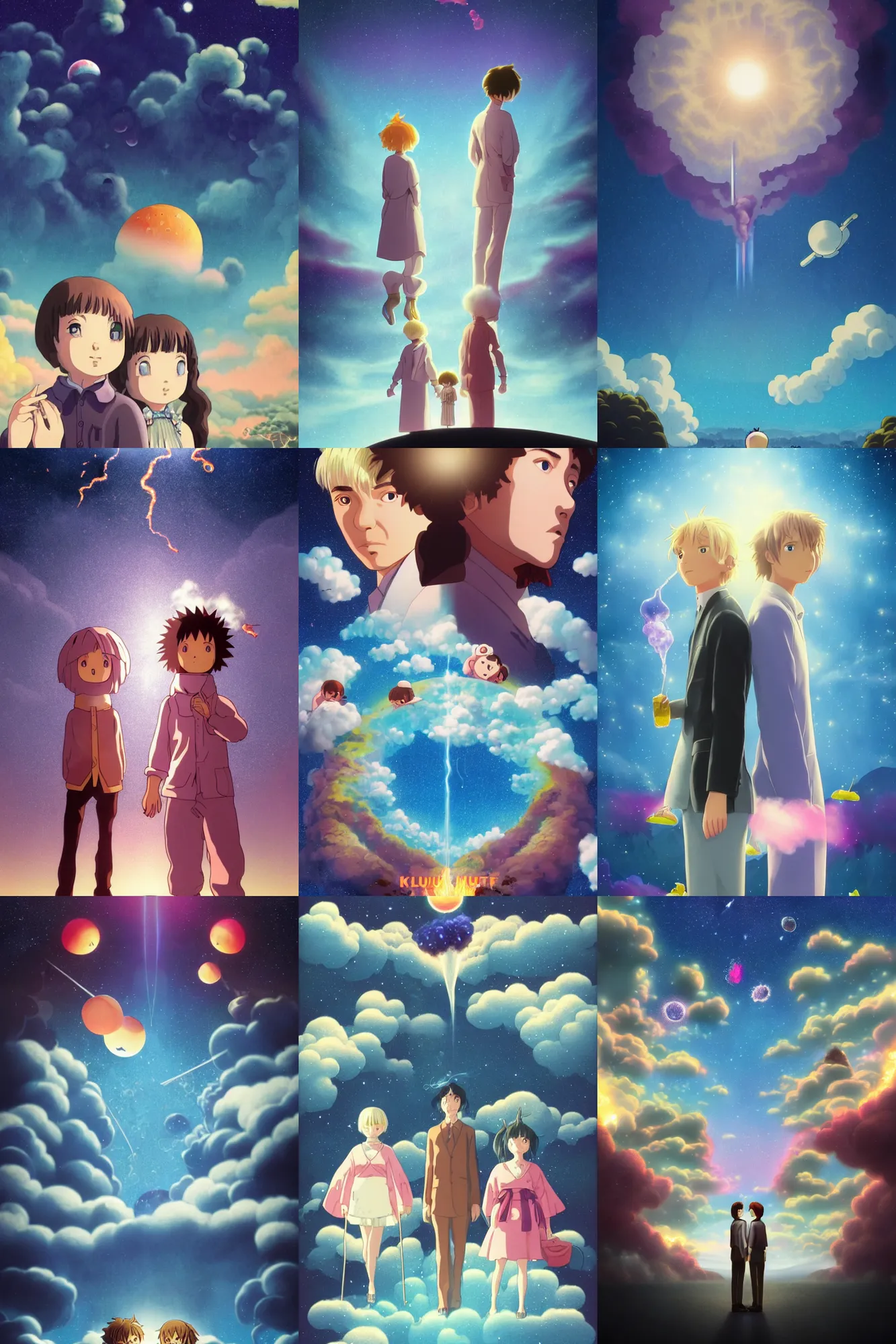 Prompt: a meteorite blazing falls to earth with plums of steam and smoke solving epic mysteries, Klaus Movie Twins poster, artwork by Chiho Aoshima, a Rendering illustration of a cinematic beautiful closeup moment of three friends standing facing toward their love, full of details, full view, Matte painting, trending on artstation, Mamoru hosoda