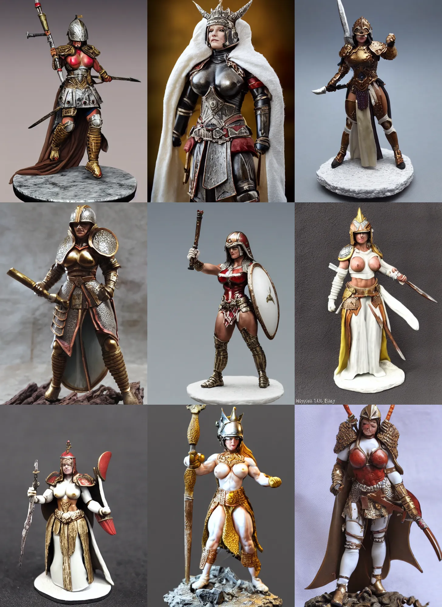 Prompt: 80mm resin detailed miniature of a Very muscular woman, Queen of war, iron mask and helmet, long white cloak, on textured base; Miniature Photos, 4K, Full body; Front view