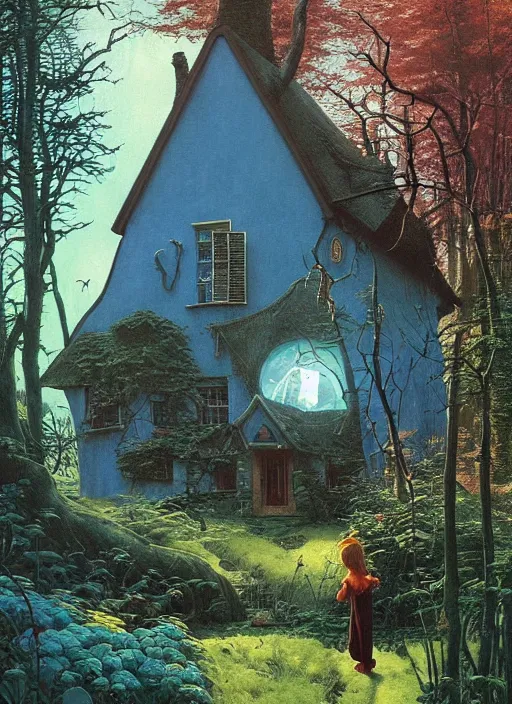 Image similar to hyper realistic witch cottage with solar panels with happy lighting and technology in the woods gorgeous lighting, sunbeams blue sky, lush forest foliage painting by zdzisław beksinski and norman rockwell and greg rutkowski weta studio, and lucasfilm