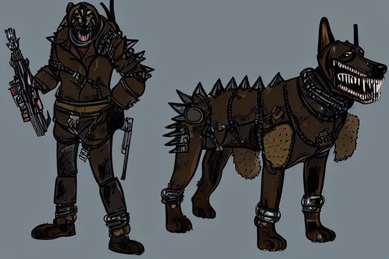 Image similar to a hound dog fursona ( from the furry fandom ), heavily armed and armored facing down armageddon in a dark and gritty version from the makers of mad max : fury road. witness me.