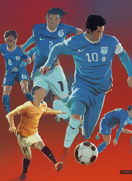 Prompt: soccer show poster by Michael Whelan and Tomer Hanuka, blue jerseys, full of details, by Makoto Shinkai and thomas kinkade, Matte painting, trending on artstation and unreal engine