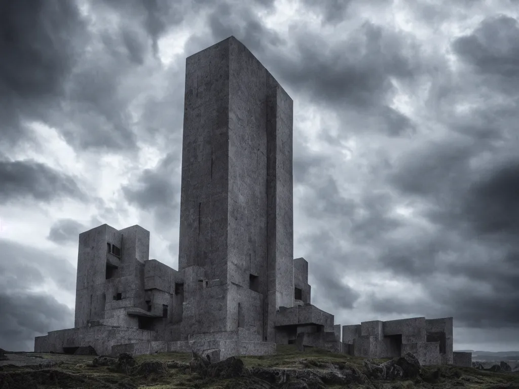 Prompt: photo of a brutalist symmetric cathedral built over a rocky hill, in the middle of a storm. realistic clouds. impressive, magical, very atmospheric, cinematic, very high complexity, stunning, masterpiece, romantic, very detailed. 4 k