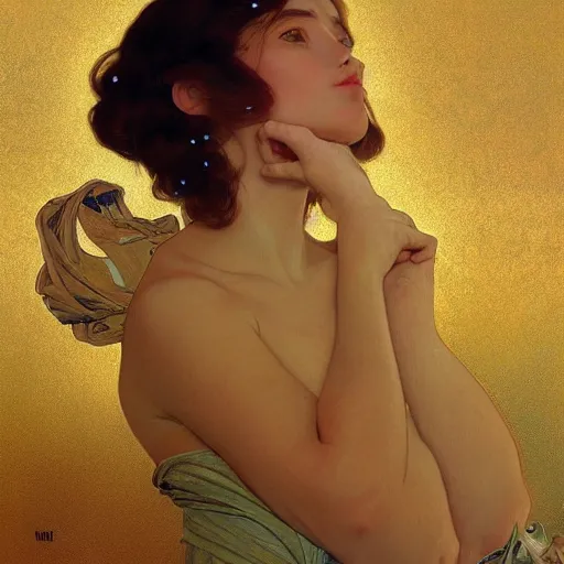 Image similar to modern woman | hyperrealistic | action pose | digital painting | trending on artstation | pinup portrait | clean | illustration | dressed | Unreal Engine 5 | 8k resolution | by Greg Rutkowski Alphonse Mucha Gustav Klimt, J.W. Waterhouse and Mel Ramos