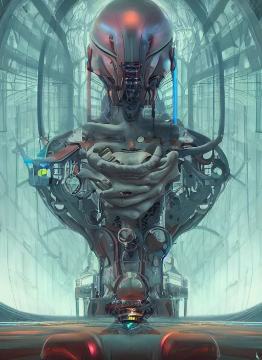 Prompt: the waiting room cybertronic giant open space, hyper realistic, detailed, sharp lines, peter mohrbacher, moebius, salvia droid, alex grey