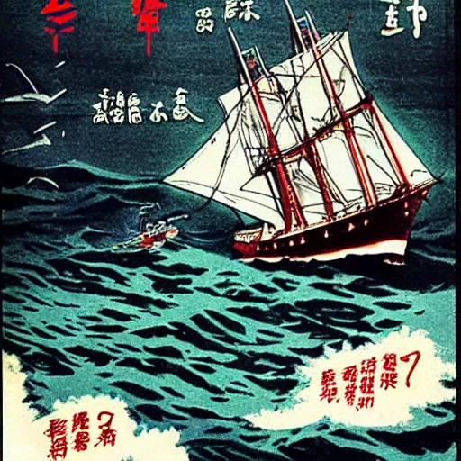 Image similar to cthulhu attack ship in ocean, old japanese poster