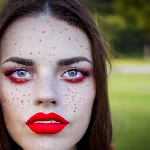 Prompt: close up portrait photograph of the left side of the face of a brunette woman with stars inside her eyes, red lipstick and freckles. she looks directly at the camera. Slightly open mouth, face covers half of the frame, with a park visible in the background. 135mm nikon. Intricate. Very detailed 8k. Sharp. Cinematic post-processing. Award winning portrait photography