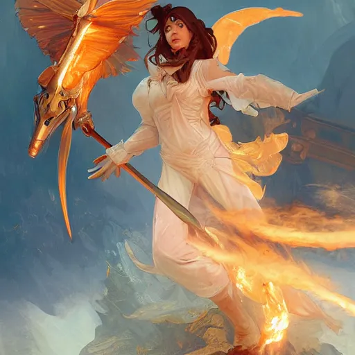 Image similar to An angel with a flaming sword fighting a pterodactyl, detailed, digital painting, artstation, pixiv, Krenz Cushart, WLOP, Artgerm, Alphonse Mucha