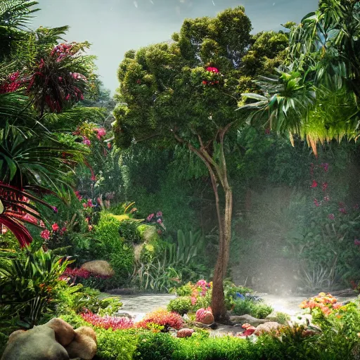 Image similar to the garden of eden, realistic 8 k professional photography, midday lighting, defiant, octane, volumetric lighting, 7 0 mm,