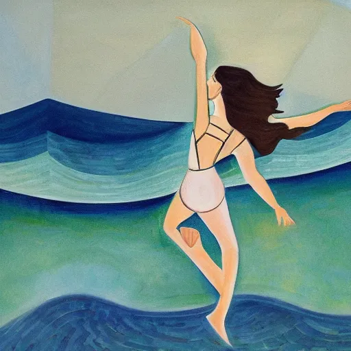 Image similar to woman dancing with a triquetra by the ocean while the waves crash on the seashore, high quality art in the style of cubism and geogia o keefe
