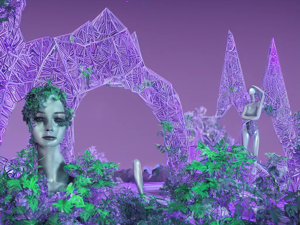 Image similar to beautiful mannequin sculpted out of amethyst by billelis + lit with 3 d geometric neon + facing a doorway opening with neon pink geometric fractal light + flowering hosta plants!!!, moon + city of los angeles in background!! dramatic, rule of thirds, award winning, 4 k, trending on artstation, photorealistic, volumetric lighting, octane render