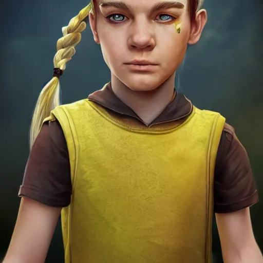 Image similar to An epic fantasy comic book style portrait painting of a young feminine boy, green eyes, fair skin, long brown hair worn in two pigtails, his left pigtail is shorter than the right pigtail, yellow hoodie with a grey undershirt, unreal 5, DAZ, hyperrealistic, octane render, cosplay, RPG portrait, dynamic lighting