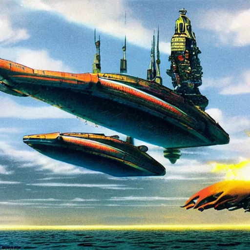 Prompt: big weird spaceship on the ocean floor, chris foss, peter elson, angus mckie, terran trade authority