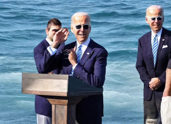 Prompt: confused Joe Biden scratching his neck standing in the middle of the ocean