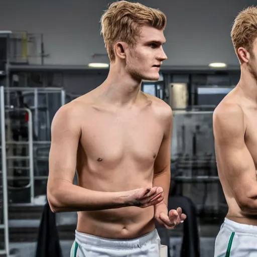 Image similar to a realistic detailed photo of a guy who is an attractive humanoid who is half robot and half humanoid, who is a male android, soccer players martin ødegaard & timo werner, shiny skin, posing like a statue, blank stare, in a factory, on display, showing off his muscles, gold soccer shorts, side view, looking at each other mindlessly