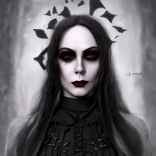 Image similar to Wanda Maximoff in gothic attire and gothic makeup, trending on artstation, gloomy atmosphere, photorealistic facial features, 4k, 8k