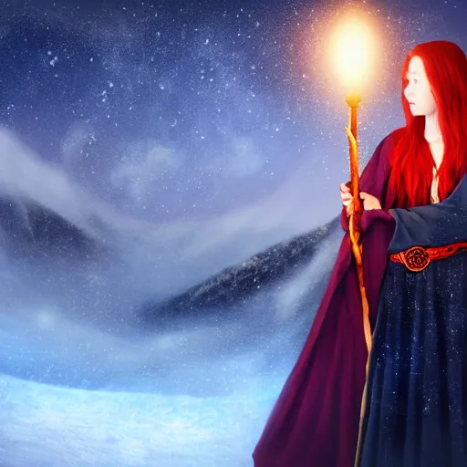 Image similar to red headed woman dressed in dark blue wizard robes holding a wooden staff covered in glowing red runes topped with a glowing gem. background of snowy mountains. fantasy painting.