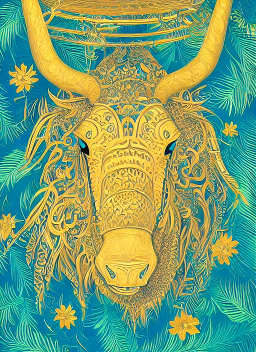 Prompt: golden paper + an intricate ox depiction + elaborate illustration, very detailed, deviantart, 8 k vertical wallpaper, tropical, colorful, airy, illustration, nature